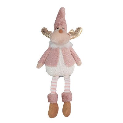 Rena Decorativa Sentada Branco, Cinza e Rosa 51cm - Ref 1027144 Cromus Natal