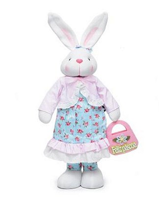 Coelha Decorativa em Pé com Vestido Florido e Bolsa 60cm - Coleção Acqua - Ref 1013305 Páscoa Cromus