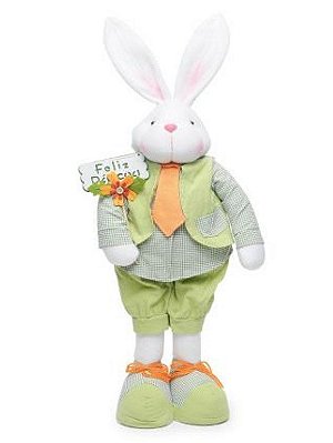 Coelho Decorativo em Pé com Gravata Xadrez Verde e Laranja 68cm - Coleção Caramel - Ref 1013321 Páscoa Cromus