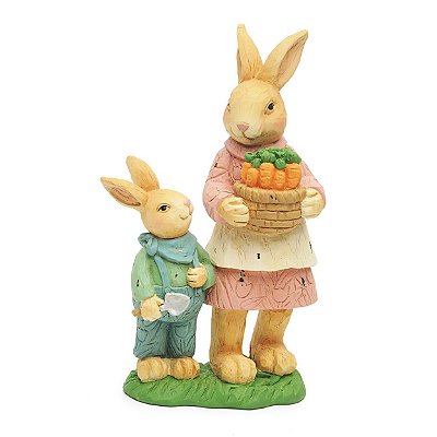Coelha de Resina com Filhote e Cesta de Cenouras 21.5x12.5cm - Coleção Ternura - Ref 1014709 Páscoa Cromus