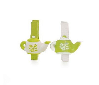 Prendedor Decorado Chaleira Verde e Branco Jogo com 6 Unidades - Prendedores Decorados - Ref 1220995 Cromus