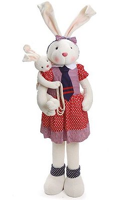 Coelha em Pé Grande com Filhote e Vestido Vermelho Poá 140cm - Coleção Navy - Ref 1522031 Páscoa Cromus