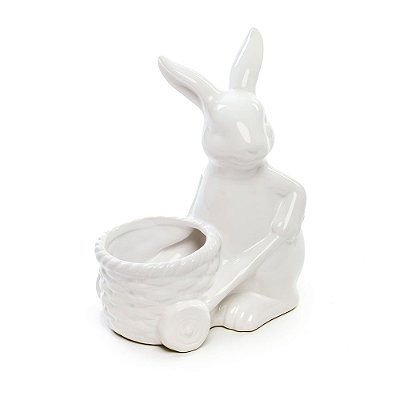 Coelho de Cerâmica com Carrinho de Mão Branco - Cerâmica Clássica - Ref 1823580 Páscoa Cromus 7898546454561