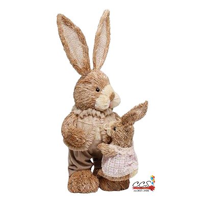 Coelho Decorativo em Pé de Palha com Filhote - Coleção Crespinho 45cm - Ref 1826589 Páscoa Cromus