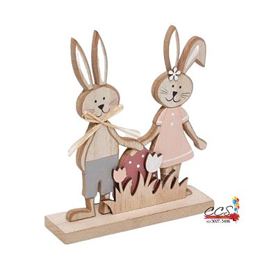 Enfeite Casal de Coelhos Decorativo de Madeira Segurando Ovo - Coleção Fun - Ref 1826628 Páscoa Cromus