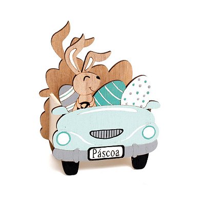 Cachepot de Madeira Coelho no Carro Azul Claro - Coleção Fun - Ref 1826648 Páscoa Cromus
