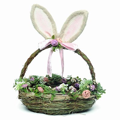 Cesta de Páscoa de Rattan com Orelhas de Coelho e Alça de Veludo e Borda de Flores 45cm - Coleção Pistache - Ref 1010325 Páscoa Cromus