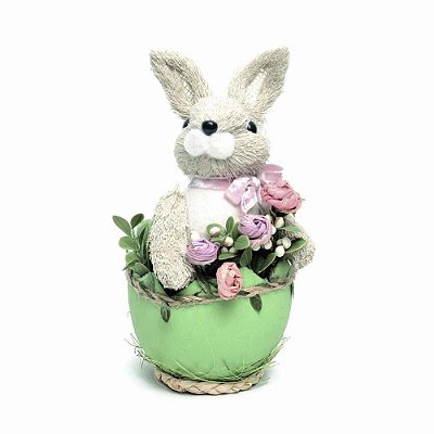 Coelho de Palha Italiana no Ovo Verde com Flores 23cm - Coleção Pistache - Ref 1010364 Páscoa Cromus