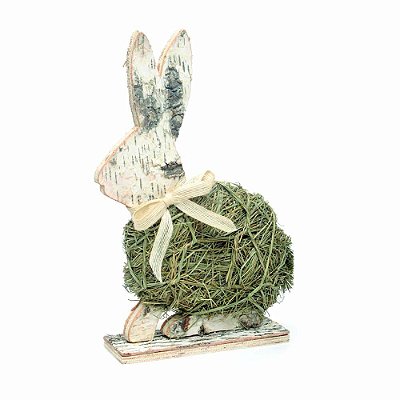 Coelho em Madeira com Grama e Laço Bege e Verde 34cm - Coleção Rustic - Ref 1012739 Páscoa Cromus