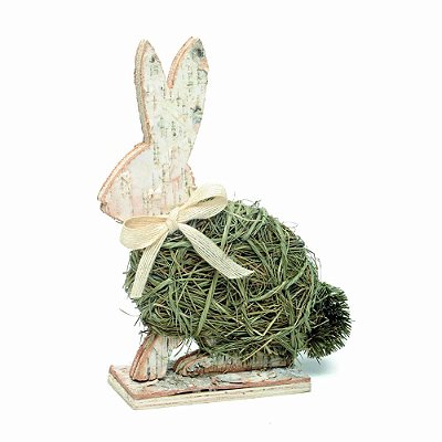 Coelho em Madeira com Grama e Laço Bege e Verde 25cm - Coleção Rustic - Ref 1012740 Páscoa Cromus