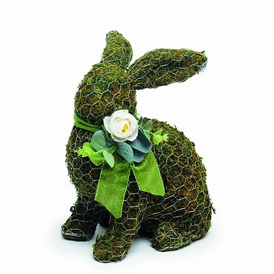 Coelho de Grama e Tela de Metal Sentado com Flor e Laço no Pescoço 28.5cm - Coleção Mesh - Ref 1012807 Páscoa Cromus