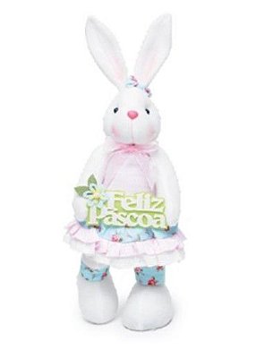 Coelha Decorativa em Pé com Pé para o Lado e Placa Feliz Páscoa 45cm - Coleção Acqua - Ref 1013311 Páscoa Cromus
