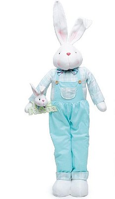 Coelho de Páscoa Grande em Pé com Macacão Segurando Placa Feliz Páscoa 110cm - Coleção Acqua - Ref 1013333 Páscoa Cromus