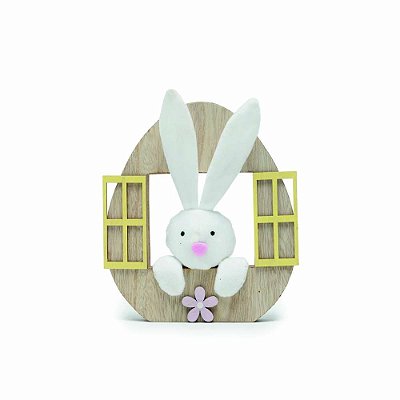 Ovo Decorativo de Madeira com Coelho de Pelúcia na Janela 18.5cm - Coleção Fun - Ref 1013663 Páscoa Cromus