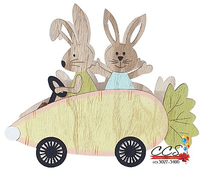Cachepot Coelho de Madeira Andando no Carro de Cenoura 26x31cm - Coleção Fun - Ref 1013669 Páscoa Cromus