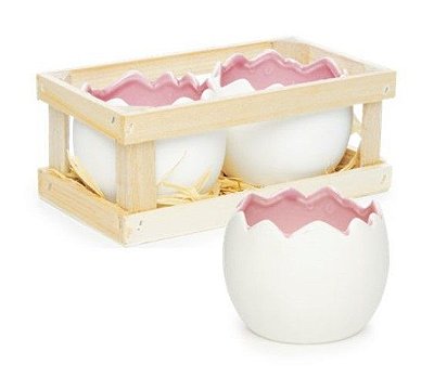 Caixa de Madeira com Dois Meio Ovos Branco com Rosa de Cerâmica - Coleção Guloseima - Ref 1720596 Páscoa Cromus