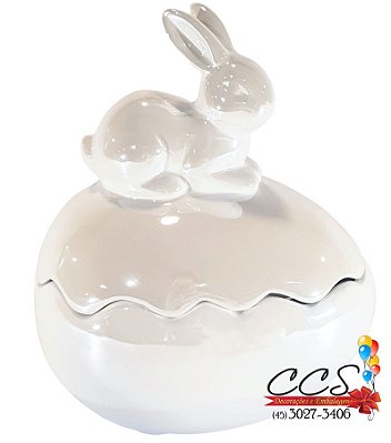 Pote Bomboniere de Cerâmica Ovo com Coelho de Páscoa Branco Perola - Coleção Perola - Ref 1014808 Páscoa Cromus
