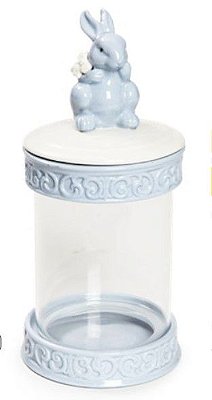 Pote de Vidro e Cerâmica com Tampa Hermética de Coelho Azul e Branco 18x7x7cm - Coleção Drops - Ref 1820468 Páscoa Cromus