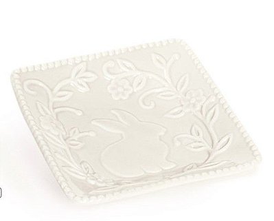 Prato Quadrado de Cerâmica Detalhado com Coelho 12x12cm - Coleção Cerâmica Classica - Ref 1821912 Páscoa Cromus