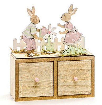 Mini Gaveteiro Casal de Coelhos Madeira Natural 22cm x 19cm x 9cm - Linha Churros - Ref 1822975 Cromus