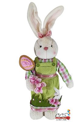 Coelha em Pé de Vestido Verde Segurando Placa de Ovo 59cm - Coleção Jelly - Ref 1422248F Páscoa Cromus