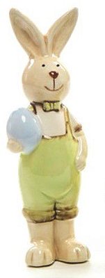 Coelho em Pé de Cerâmica com Ovo Na Mão 15cm - Coleção Aquarela - Ref 1823063 Páscoa Cromus