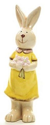 Coelha em Pé de Cerâmica com Flores Na Mão 15cm - Coleção Aquarela - Ref 1823063F Páscoa Cromus