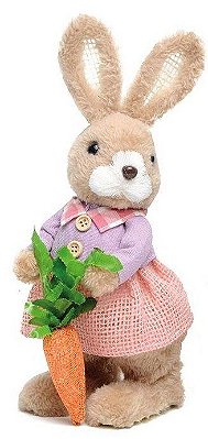 Coelha Peludinha Em Pé Segurando Cenoura Com Saia de Juta Rosa 26cm - Coleção Happy Sunday - Ref 1011304F Páscoa Cromus