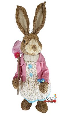 Coelha Decorativa de Palha Com Borboleta na Mão 61cm - Coleção Farmer - Ref 1012784 Páscoa Cromus