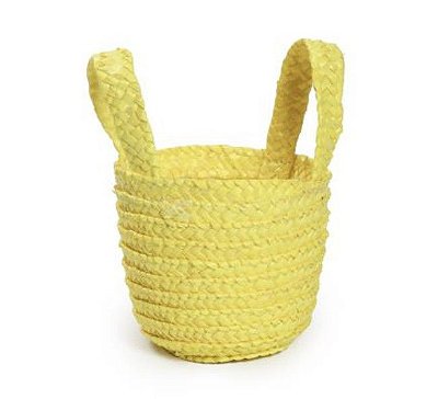Cesta de Palha com Alça Amarela 14x9x9cm - Coleção Cestas e Potes - Ref 1820073 Cromus