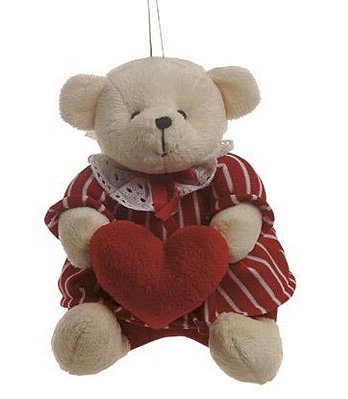 Ursa de Pelúcia com Vestido Vermelho Segurando Coração 15x12x12cm - Coleção Romântica - Ref