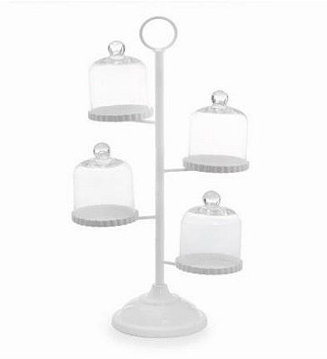 Suporte Para Doces e Cupcake com 4 Cúpulas Brancas de Vidro 47cm - Coleção Cake - Ref 1320542 Cromus