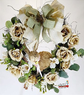 Guirlanda Decorada de Páscoa Com Coelho de Palha e Flores 45x45cm - Ref