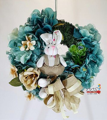 Guirlanda Decorada de Páscoa Flores Azul com Coelho 35x32cm - Guirlandas de Páscoa - Ref 1419270 Páscoa Cromus