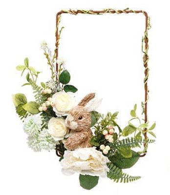 Guirlanda de Páscoa Retangular Com Coelho de Palha e Flores Brancas 45x35cm - Coleção Fondant - Ref 1825021 Páscoa Cromus