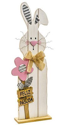 Placa de Madeira Coelho com Flor Feliz Páscoa 92x28cm - Coleção Giz de Cera - Ref 1823758 Páscoa Cromus