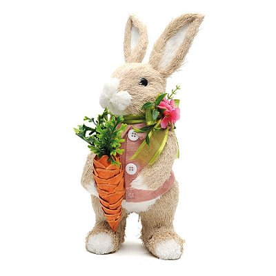 Coelha em Palha Italiana em Pé de Colete Rosa Segurando Cenoura 28x13cm - Coleção Docura - Ref 1010928 Páscoa Cromus