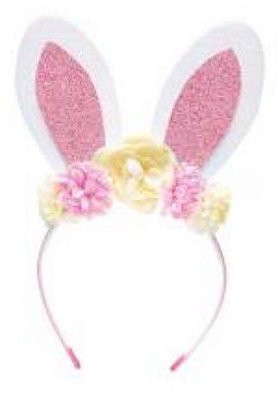 Tiara Orelhas de Coelho Rosa com Flores e Glitter - Coleção Tiaras - Ref 1013168 Páscoa Cromus