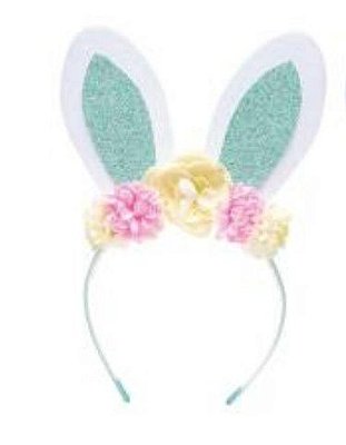 Tiara Orelhas de Coelho Verde com Flores e Glitter - Coleção Tiaras - Ref 1013168VD Páscoa Cromus