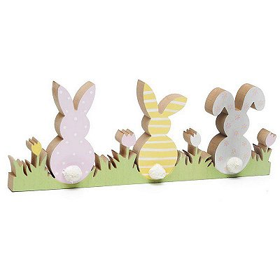 Decoração de Páscoa de Madeira Silhueta Coelhos na Grama 13.5x36cm - Coleção Fun - Ref 1013675 Páscoa Cromus