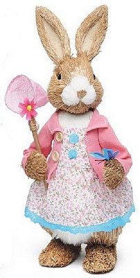 Coelha de Palha em Pé com Vestido Florido e Casaco Rosa Com Borboleta na Mão 40cm - Coleção Farmer Cromus