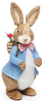 Coelho de Palha em Pé com Paletó de Juta Azul Claro 40cm - Coleção Farmer - Ref 1012783 Páscoa Cromus