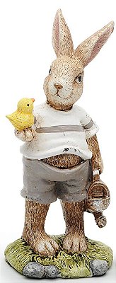 Coelho de Resina Em Pé Segurando Passarinho 17cm - Coleção Fancy - Ref 1014780 Páscoa Cromus