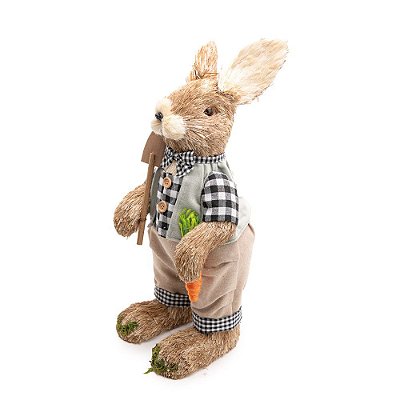 Coelho de Palha em Pé com Pá na Mão e Roupa Xadrez Preto e Branco 45cm - Coleção Fazendinha - Ref 1024768 Páscoa Cromus