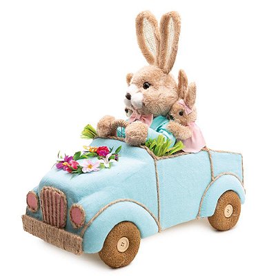 Coelho de Pelúcia Pai, Filho e Filha no Carro Azul com Flores 40x21x42cm - Coleção Happy Sunday - Ref 1024800 Páscoa Cromus