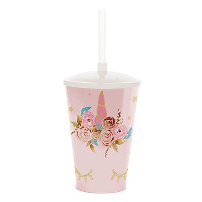Copo Plástico com Tampa e Canudo Unicórnio 500Ml - Festa Unicórnio - Ref 23410150 Cromus