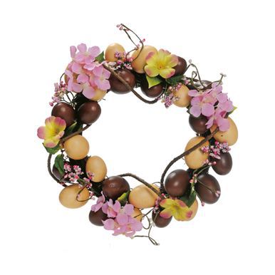 Guirlanda de Páscoa Ovos de Chocolate Marrom e Bege com Flores Rosa 30cm - Ref 1620226 Páscoa Cromus