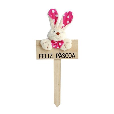 Plaquinha Decorativa Feliz Páscoa Coelho Poá Rosa - Decoração Páscoa- Ref 1520486 Páscoa Cromus