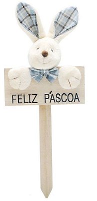 Plaquinha Feliz Páscoa Coelho Xadrez Azul com 1 Unidade - Coleção Popcorn - Ref 1013256AZ Páscoa Cromus