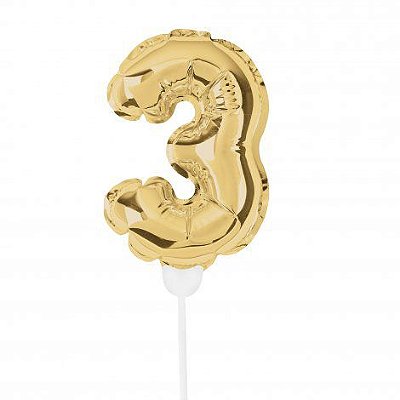 Mini Balão Auto Inflável 19cm Ouro Numero 3 - Ballon Cake - Ref 29002735 Cromus